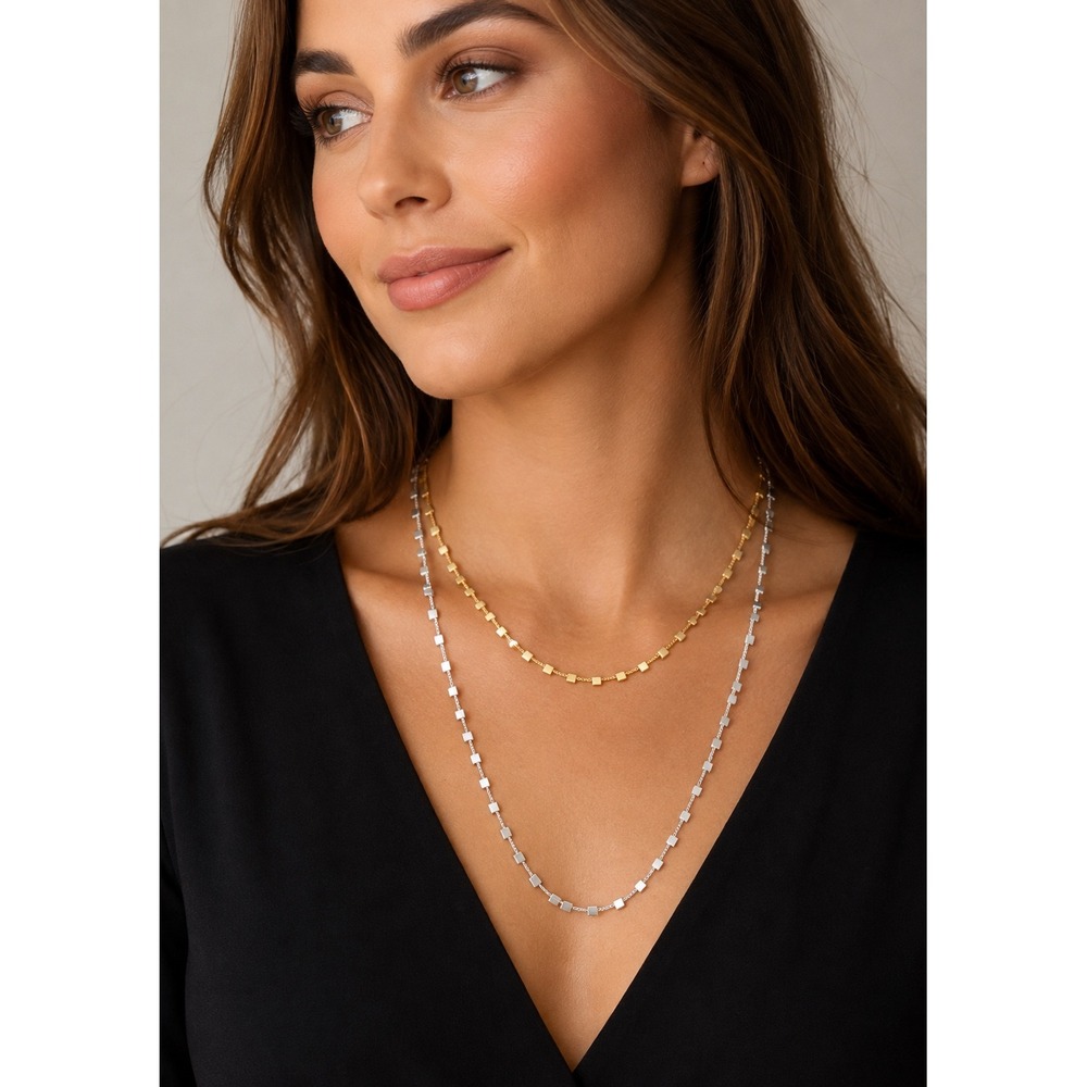 Layered Necklace Set Gold Rhodium Square Station Beads